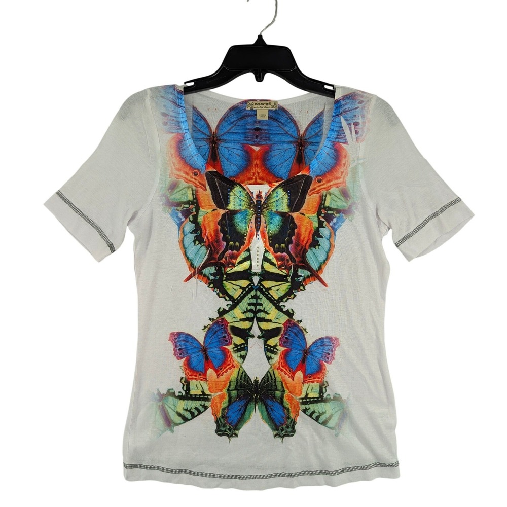 Energe World Wear Butterfly Graphic Tee S White Embellished Art Boho Fairy